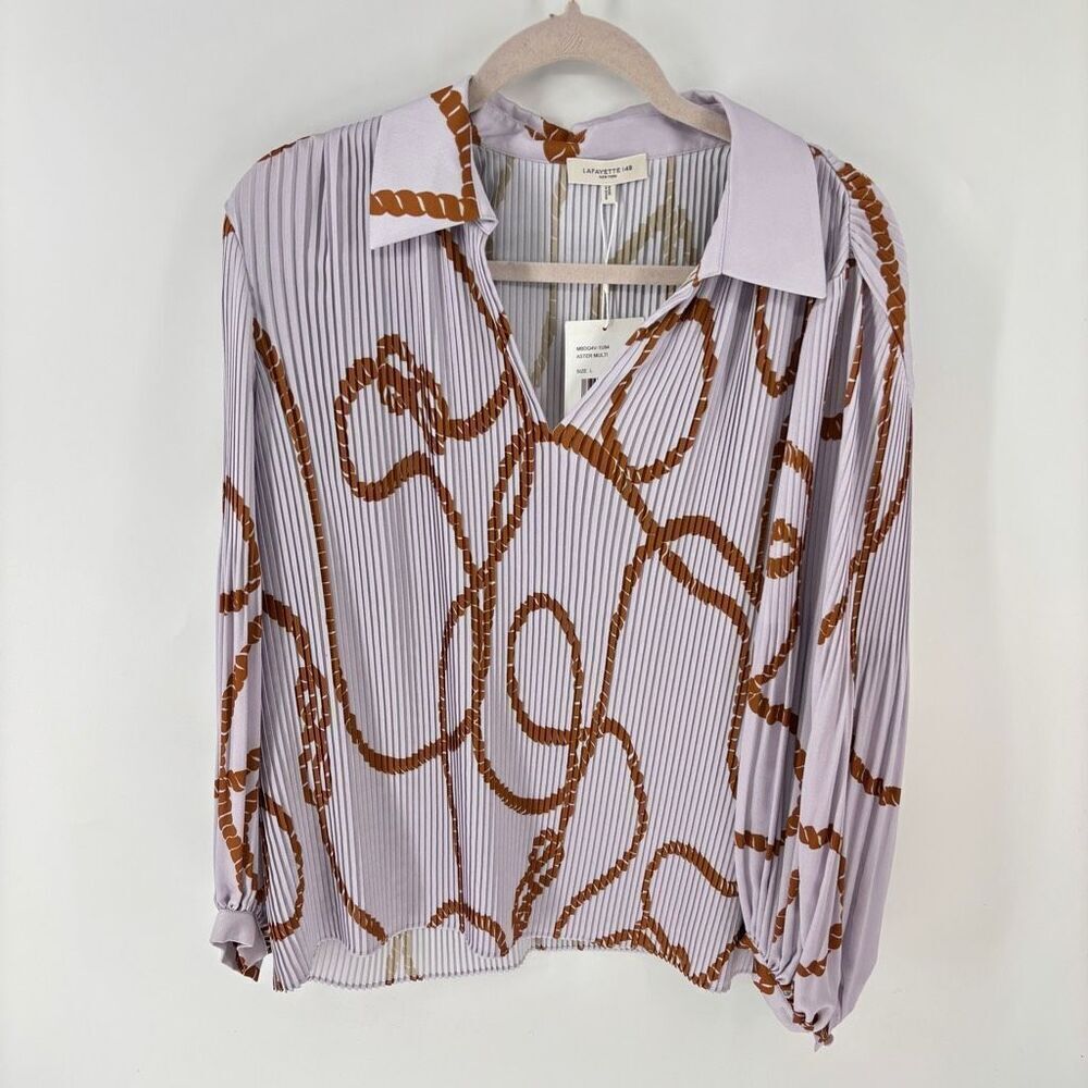 NWT Lafayette 148 New York Women’s Aster Multi Printed Plisse Blouse Size Large